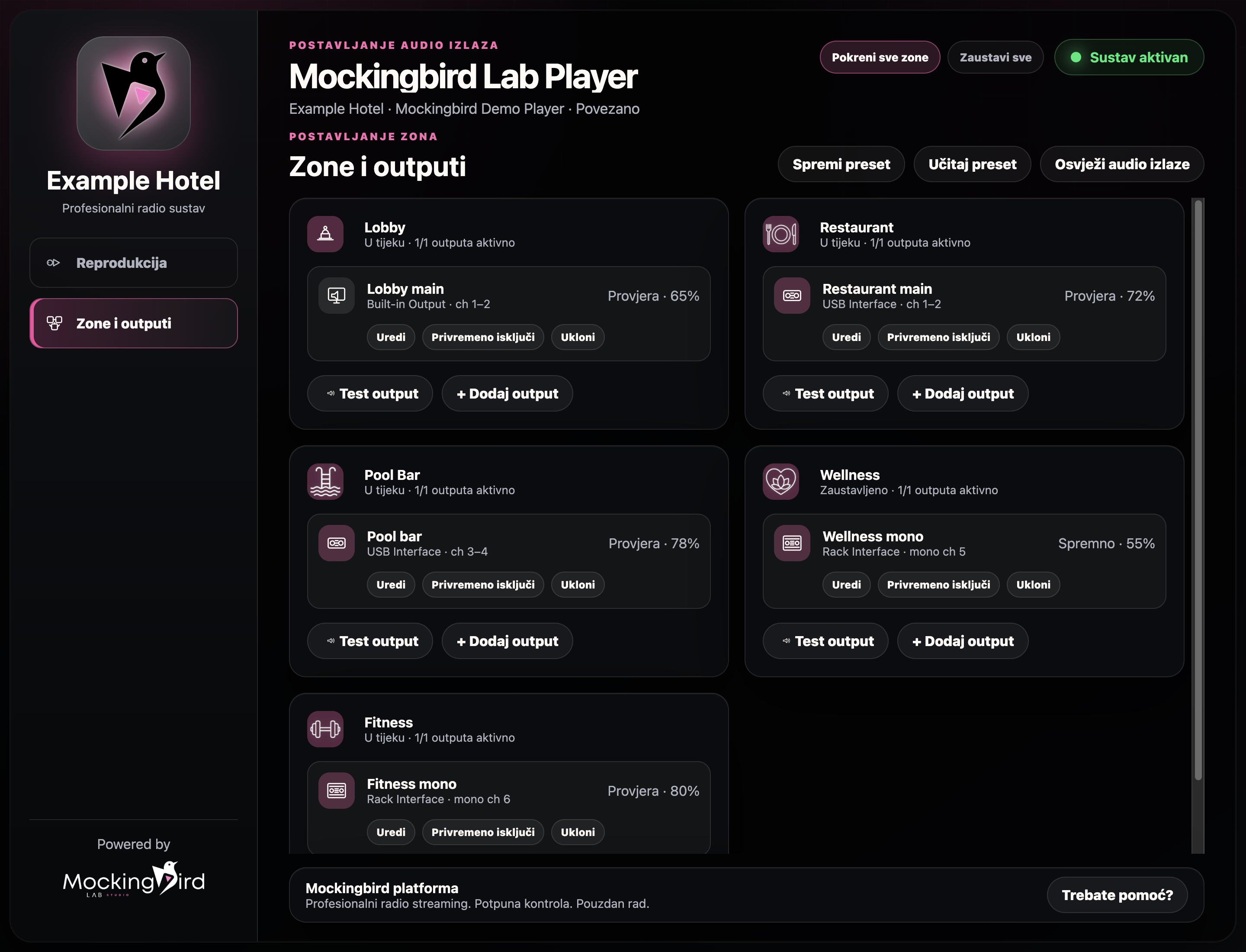 Mockingbird Professional Player mit Beispiel-Hotelzonen, die Stereo- und Mono-Audioausgängen zugeordnet sind.